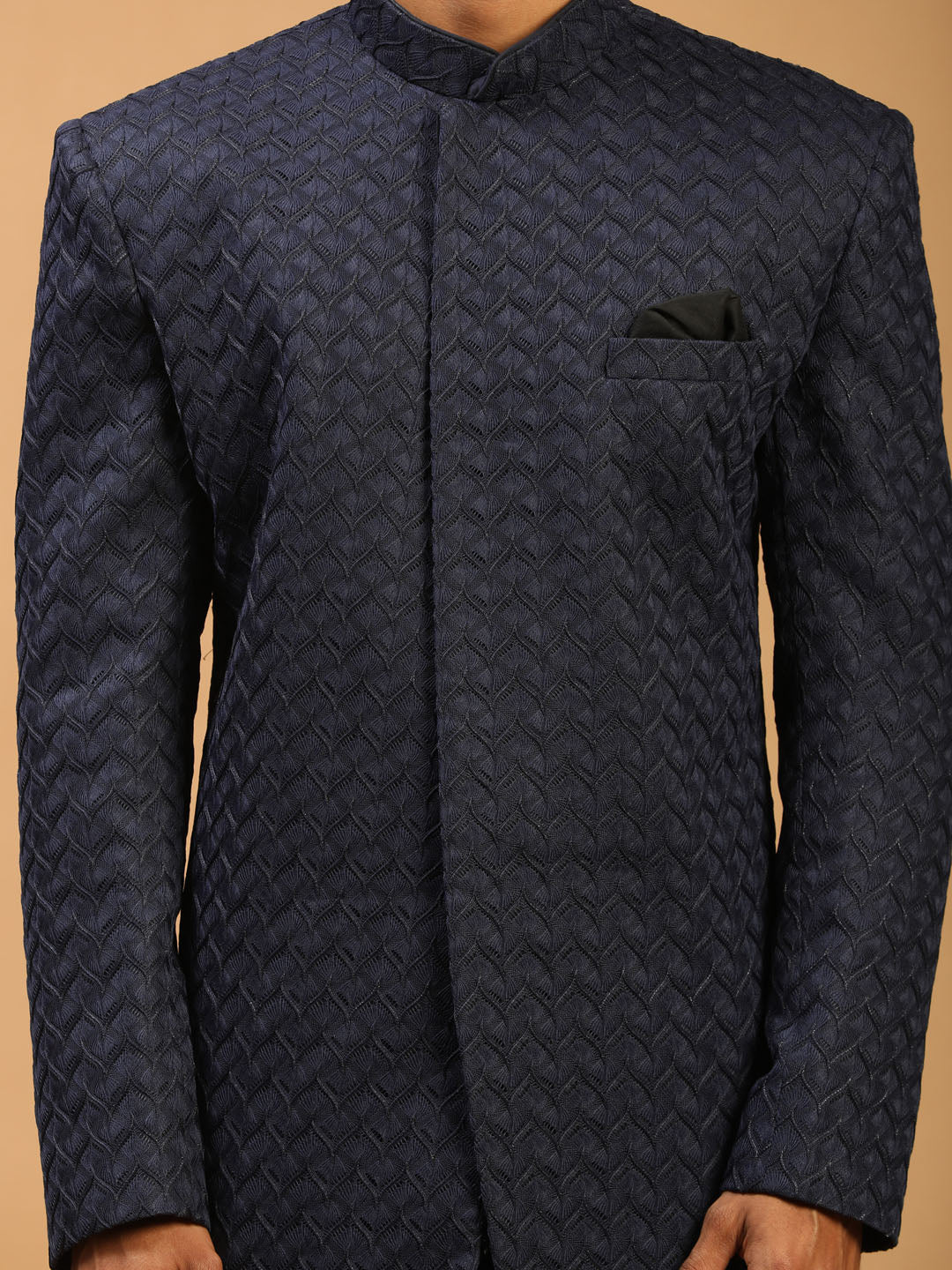 Men's Navy Blue Jacquard Sherwani Set - Image 4