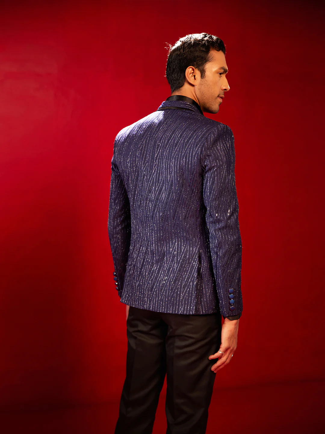 Men's Navy Blue Silk Blend Blazer - Image 3