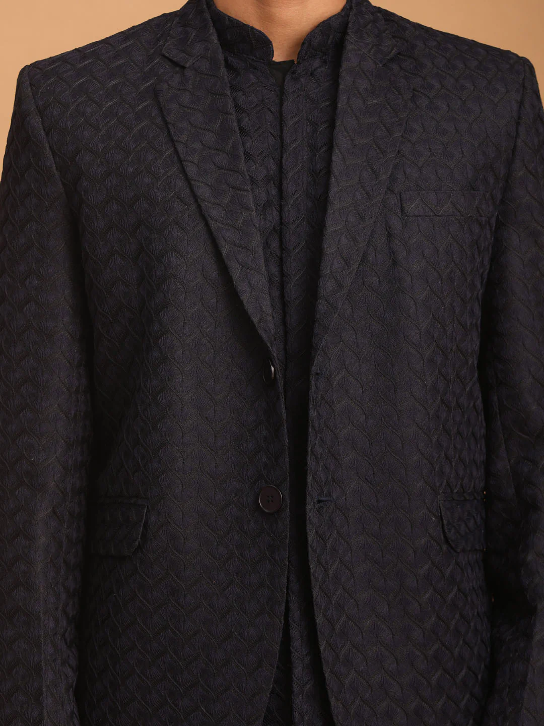 Men's Navy Blue Woven Blazer And Kurta Pant Set - Image 4