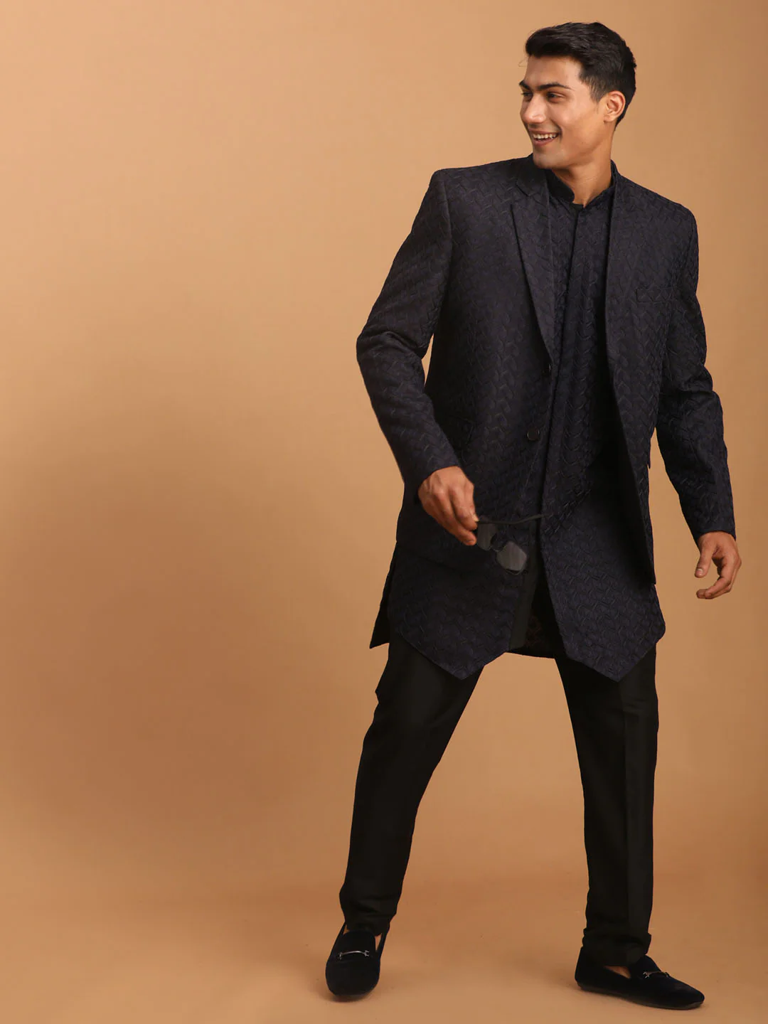 Men's Navy Blue Woven Blazer And Kurta Pant Set - Image 7