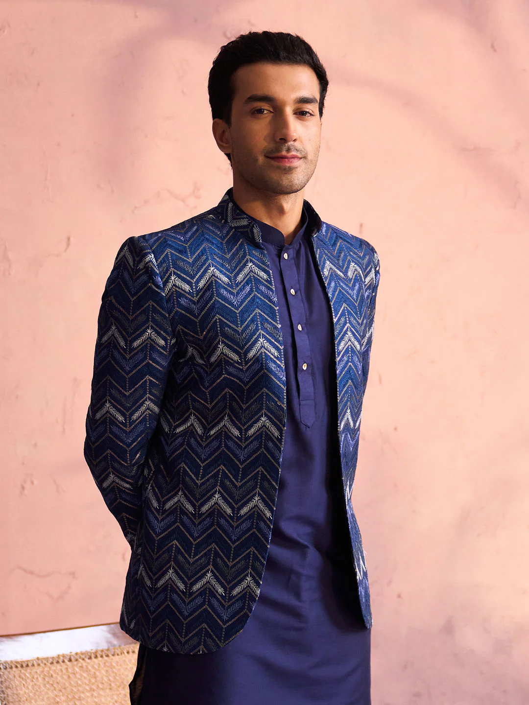 Men's Navy Blue Silk Embroidered Jodhpuri - Image 3