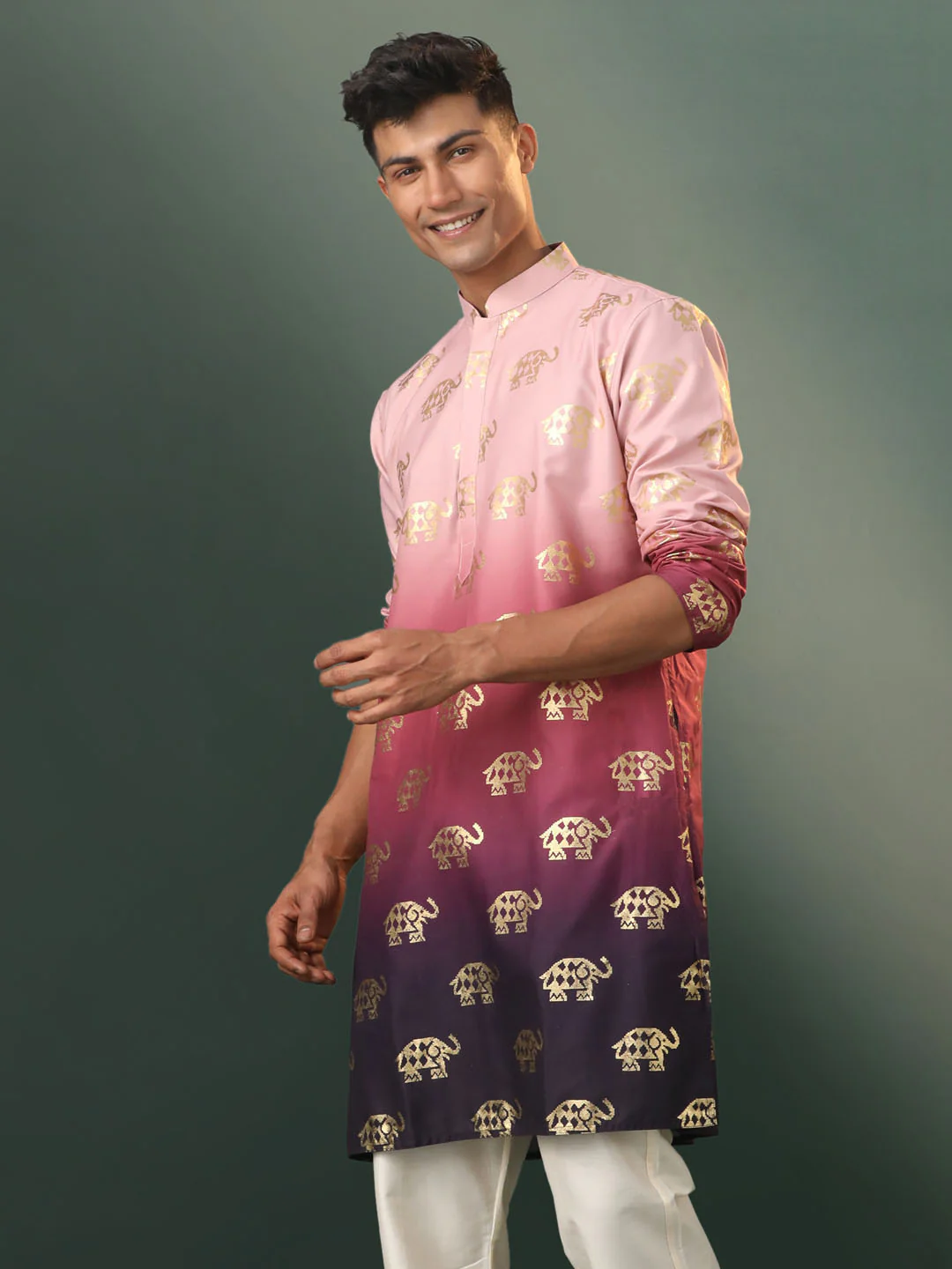 Men's Ombre Elephant Motif Print Cotton Blend Kurta - Image 2