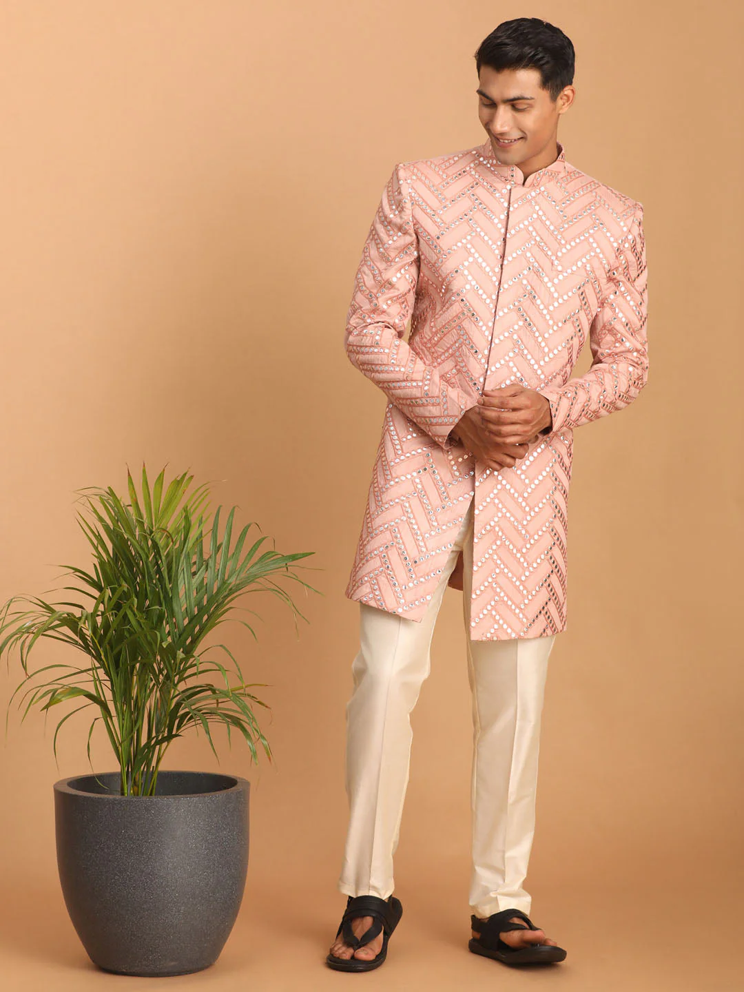 Men's Pink Mirror Indo Western Sherwani With Pant Set - Image 5