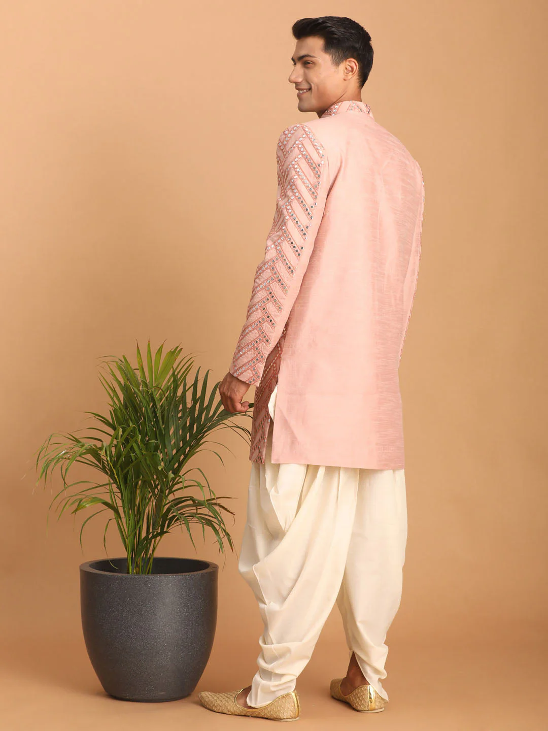 Men's Pink Mirror Indo Western Sherwani With Dhoti Set - Image 3