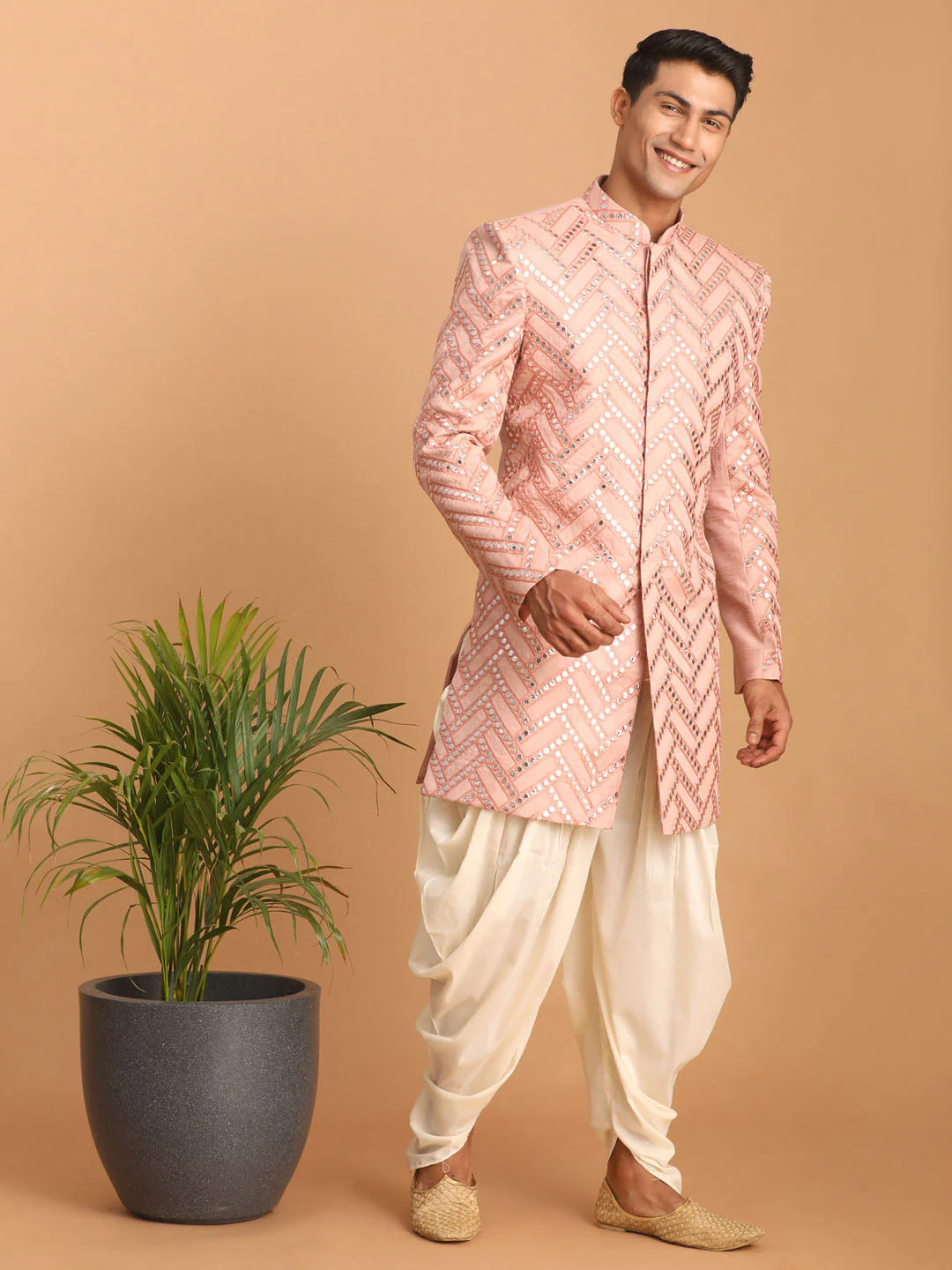 Men's Pink Mirror Indo Western Sherwani With Dhoti Set - Image 6
