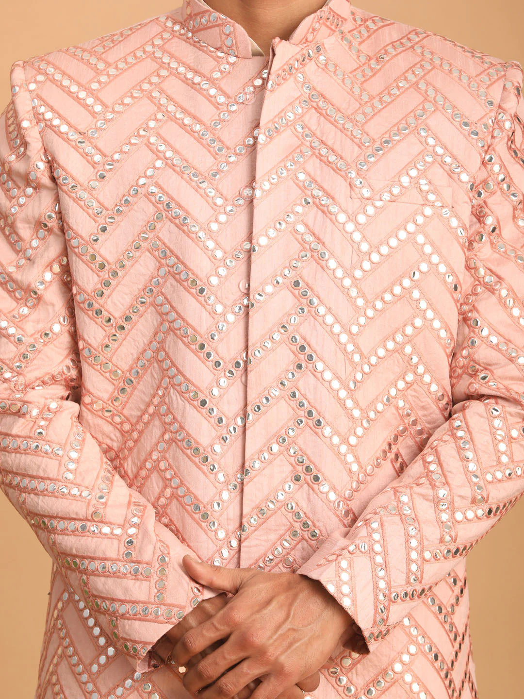 Men's Pink Mirror Indo Western Sherwani With Kurta Pyjama Set - Image 4