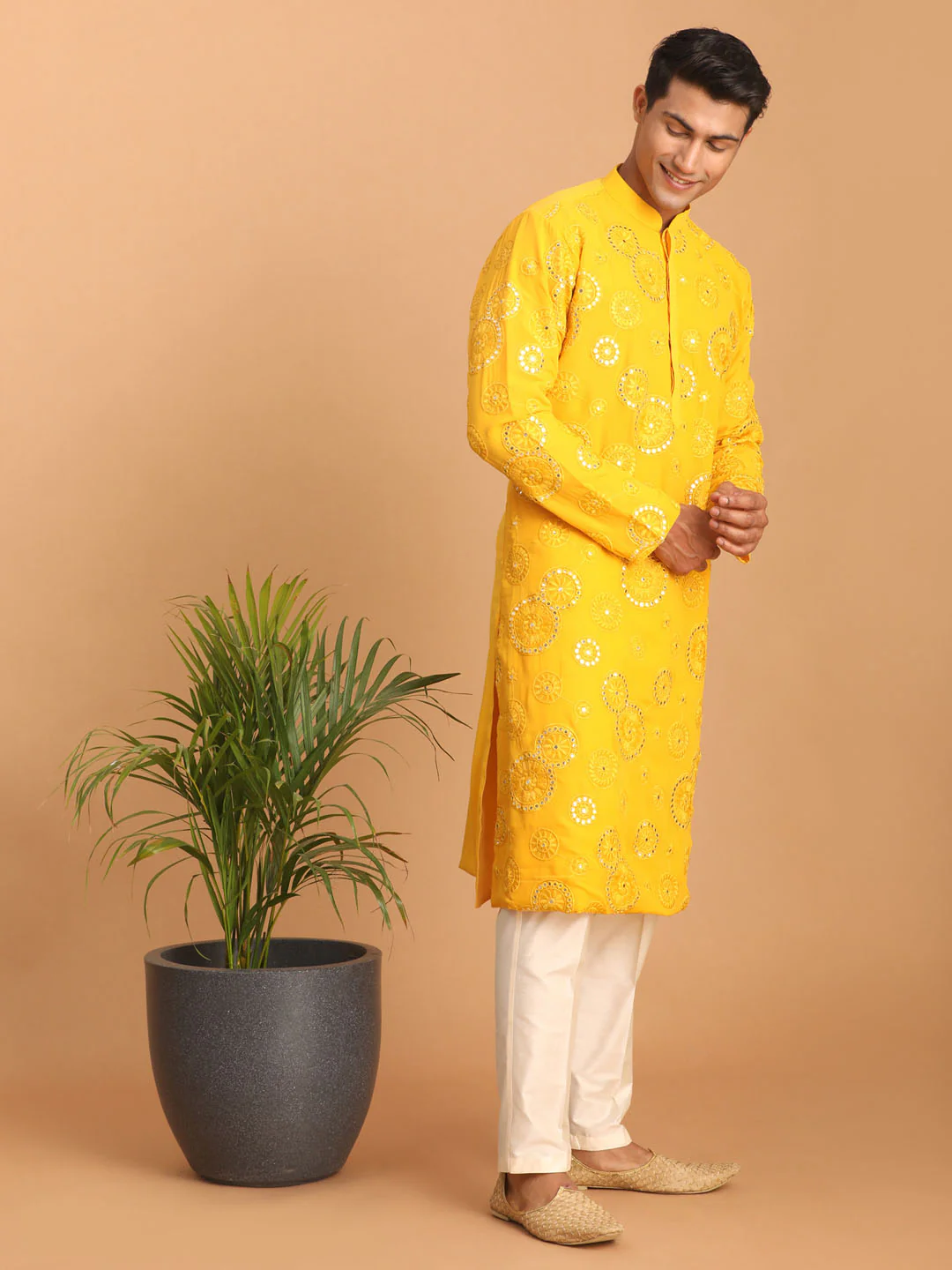Men's Yellow Embroidered Kurta Pant Set - Image 6