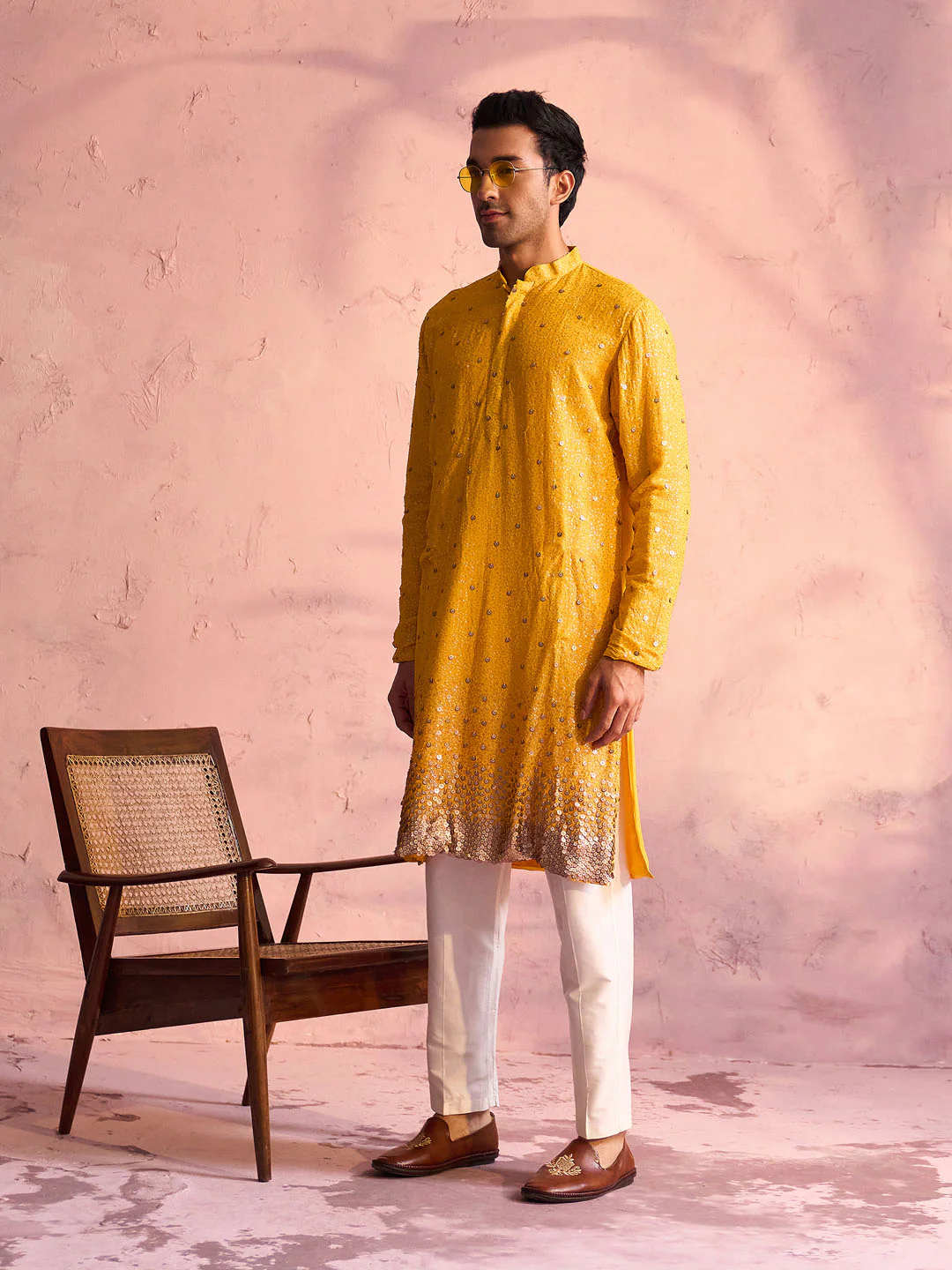 Men's Yellow Georgette Zari With Sequins Worked Kurta Pant Set - Image 7