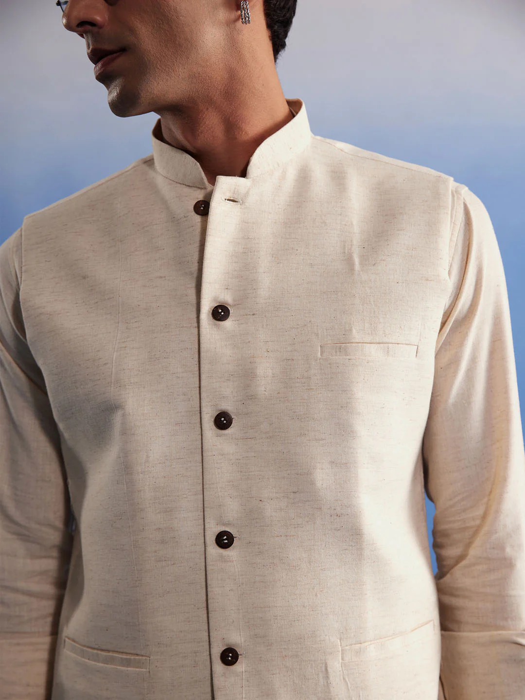 Men's Cream Pure Cotton Nehru Jacket - Image 4