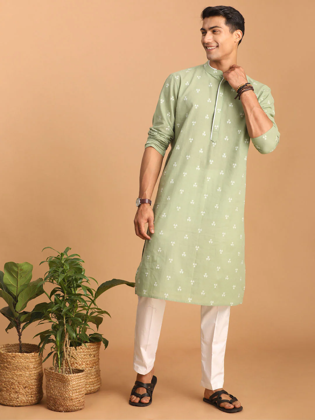 Men's Green Geometric Booti Jacquard Kurta With White Pant Set - Image 6