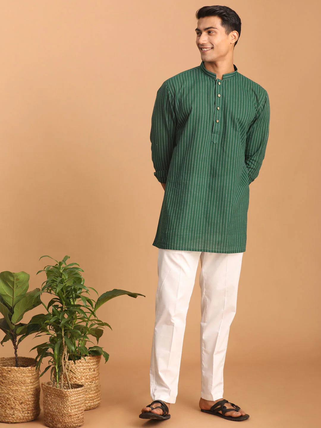 Men's Green Striped Cotton Short Kurta With White Pant - Image 2