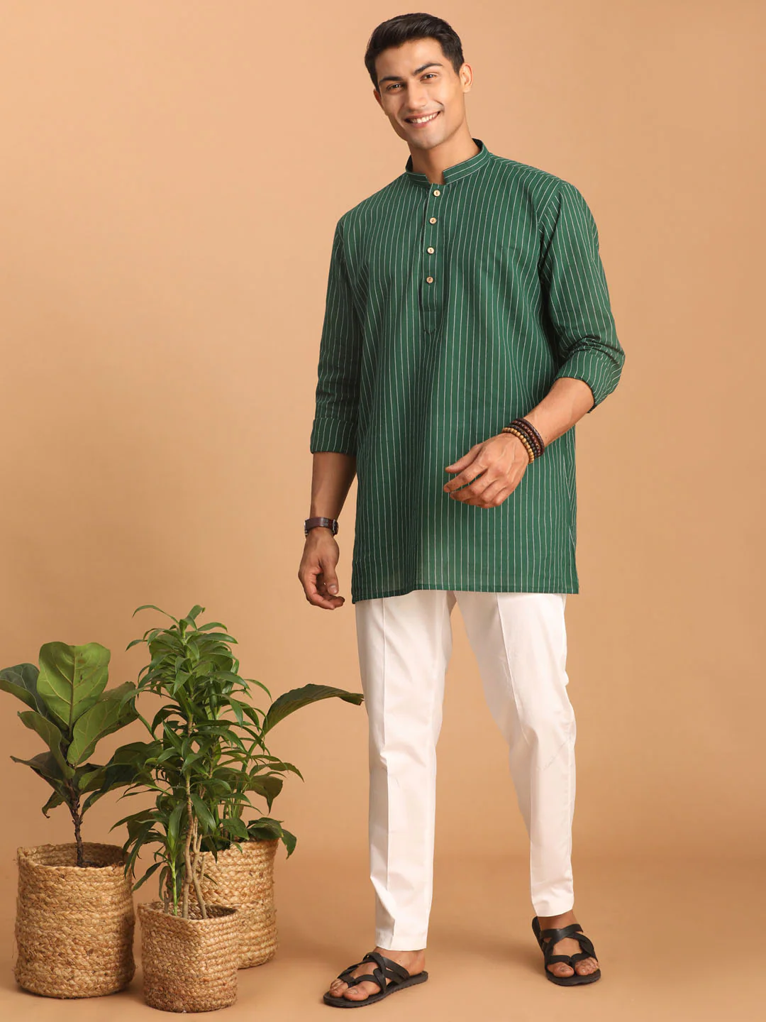 Men's Green Striped Cotton Short Kurta With White Pant - Image 9