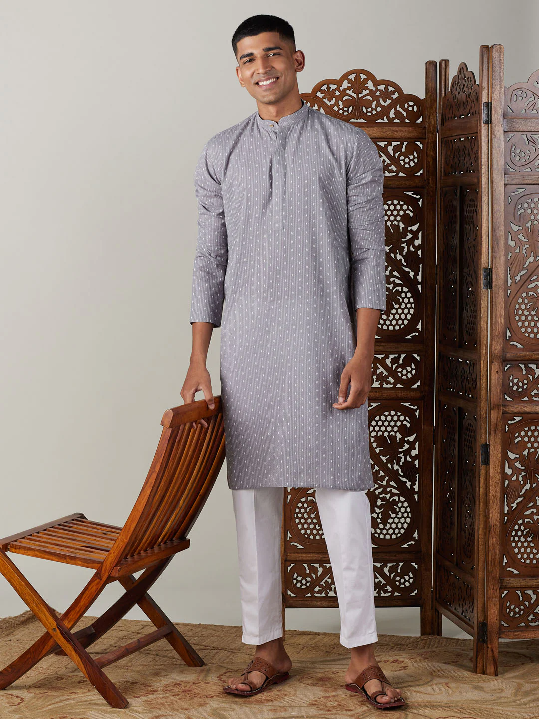 Men's Grey Cotton Jacquard Kurta - Image 5