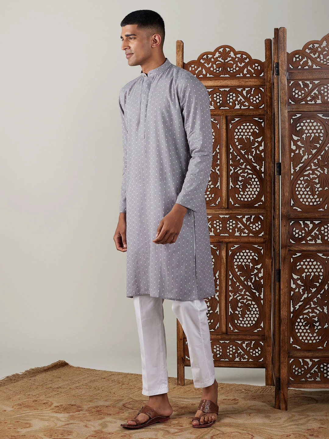 Men's Grey Cotton Jacquard Kurta With White Pant Set - Image 7