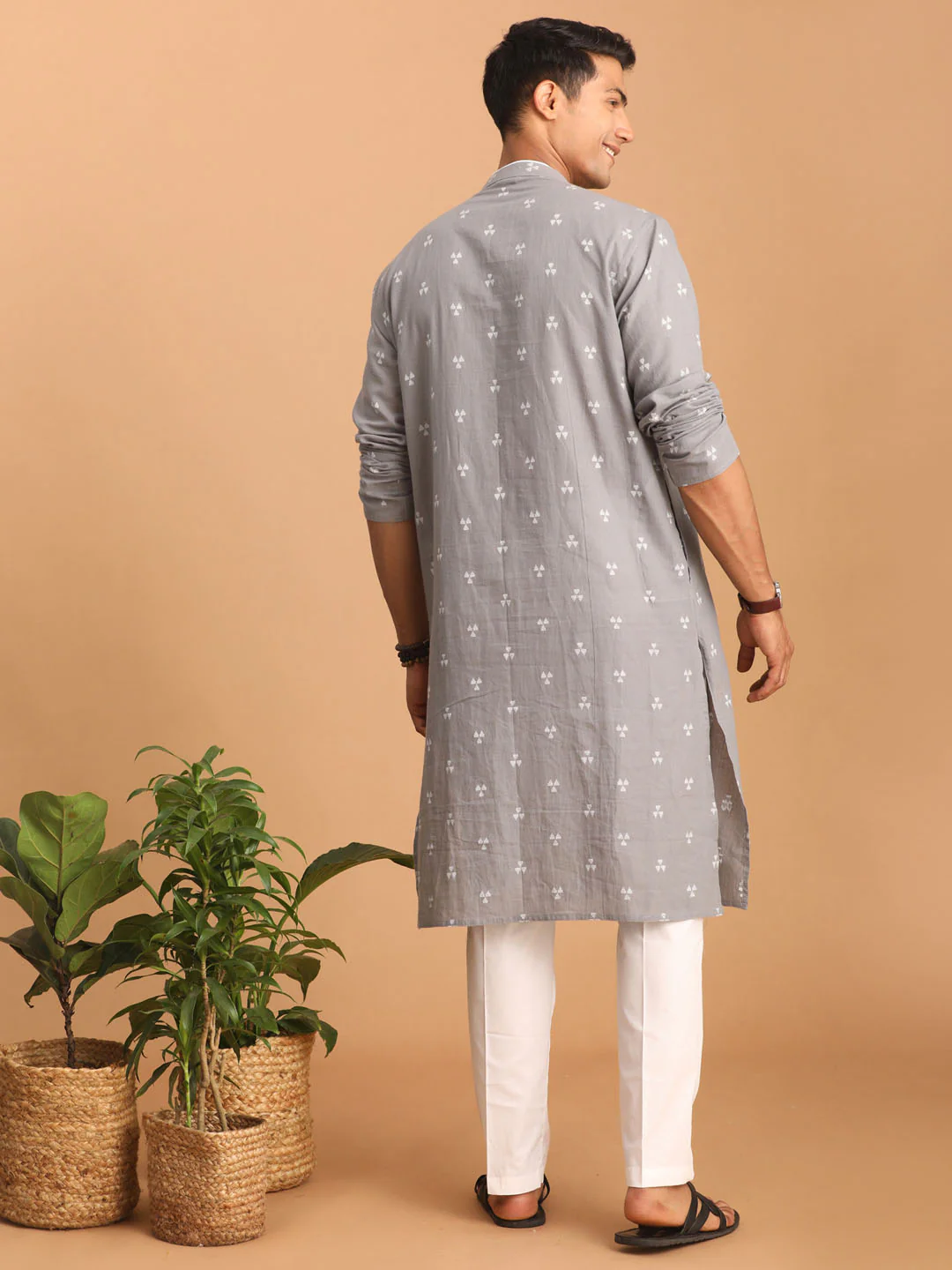 Men's Grey Geometric Booti Jacquard Kurta With White Pant Set - Image 3