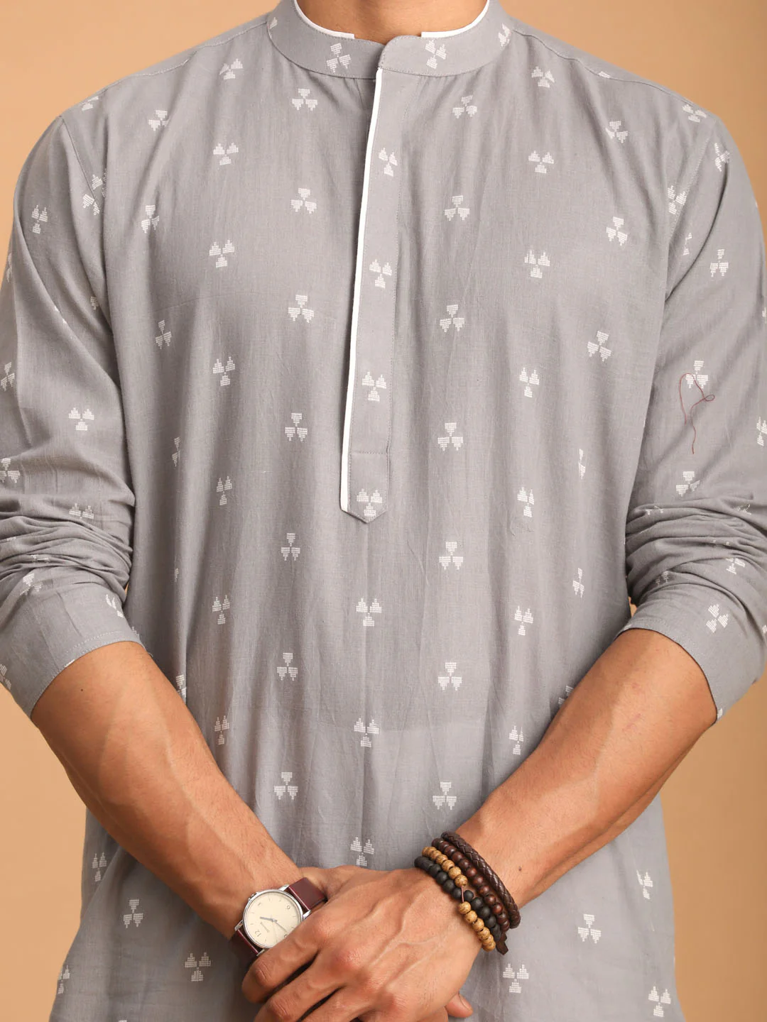 Men's Grey Geometric Booti Jacquard Kurta With White Pant Set - Image 4