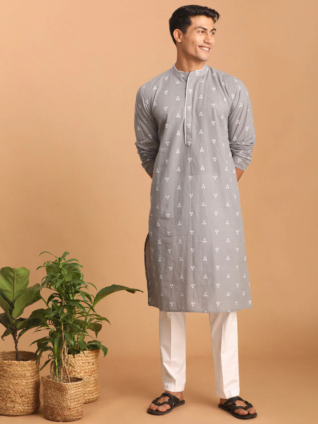 Men's Grey Geometric Booti Jacquard Kurta With White Pant Set - Image 6