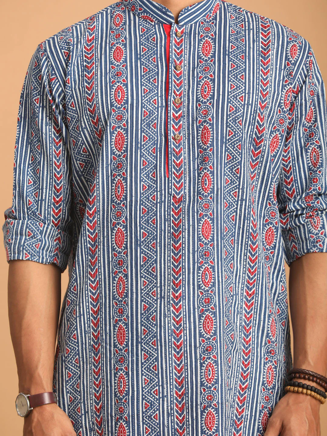 Men's Indigo Printed Cotton Kurta With White Pant Set - Image 4