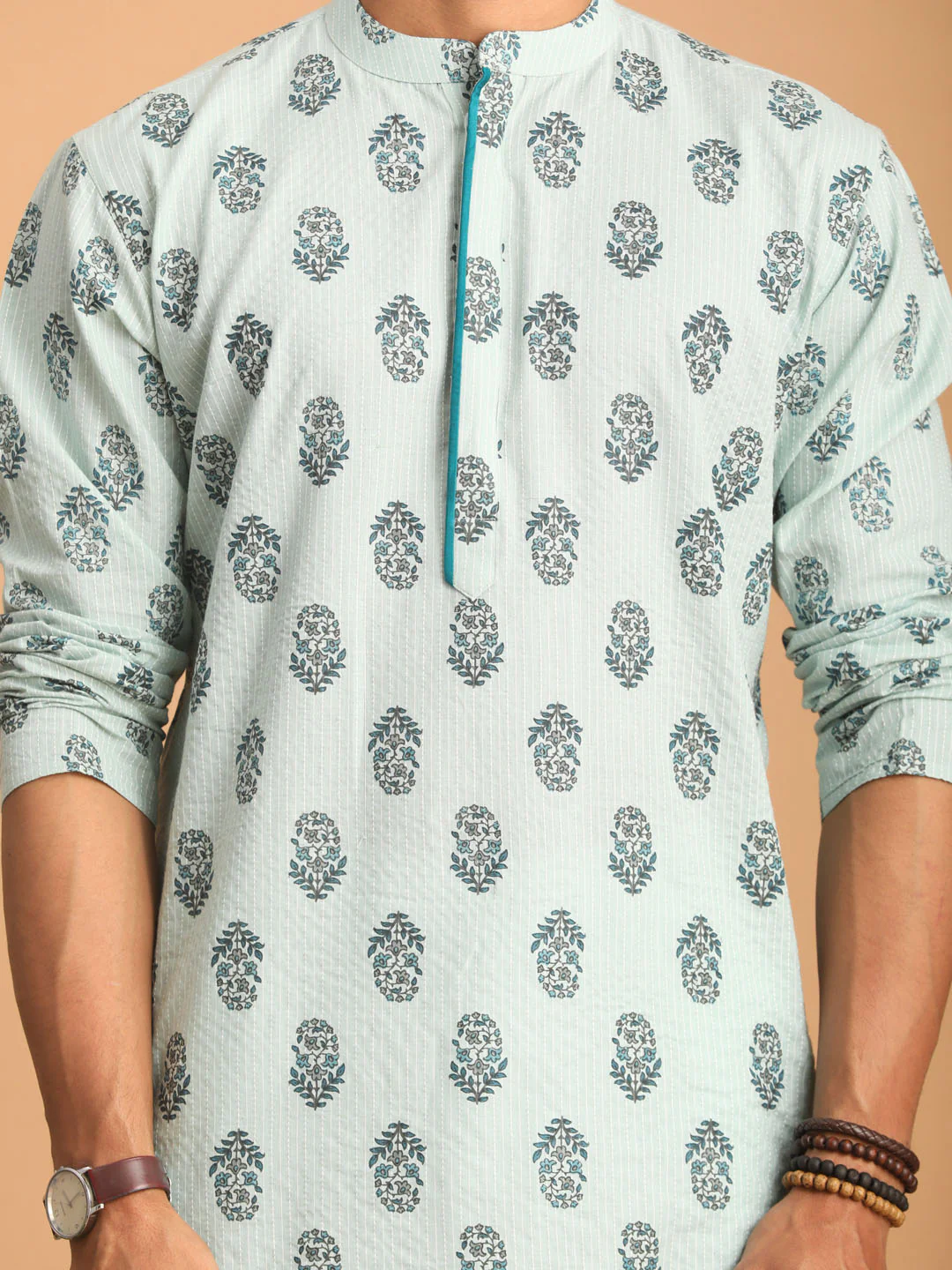 Men's Light Green Ethnic Motif Printed Kurta With White Pant Set - Image 4