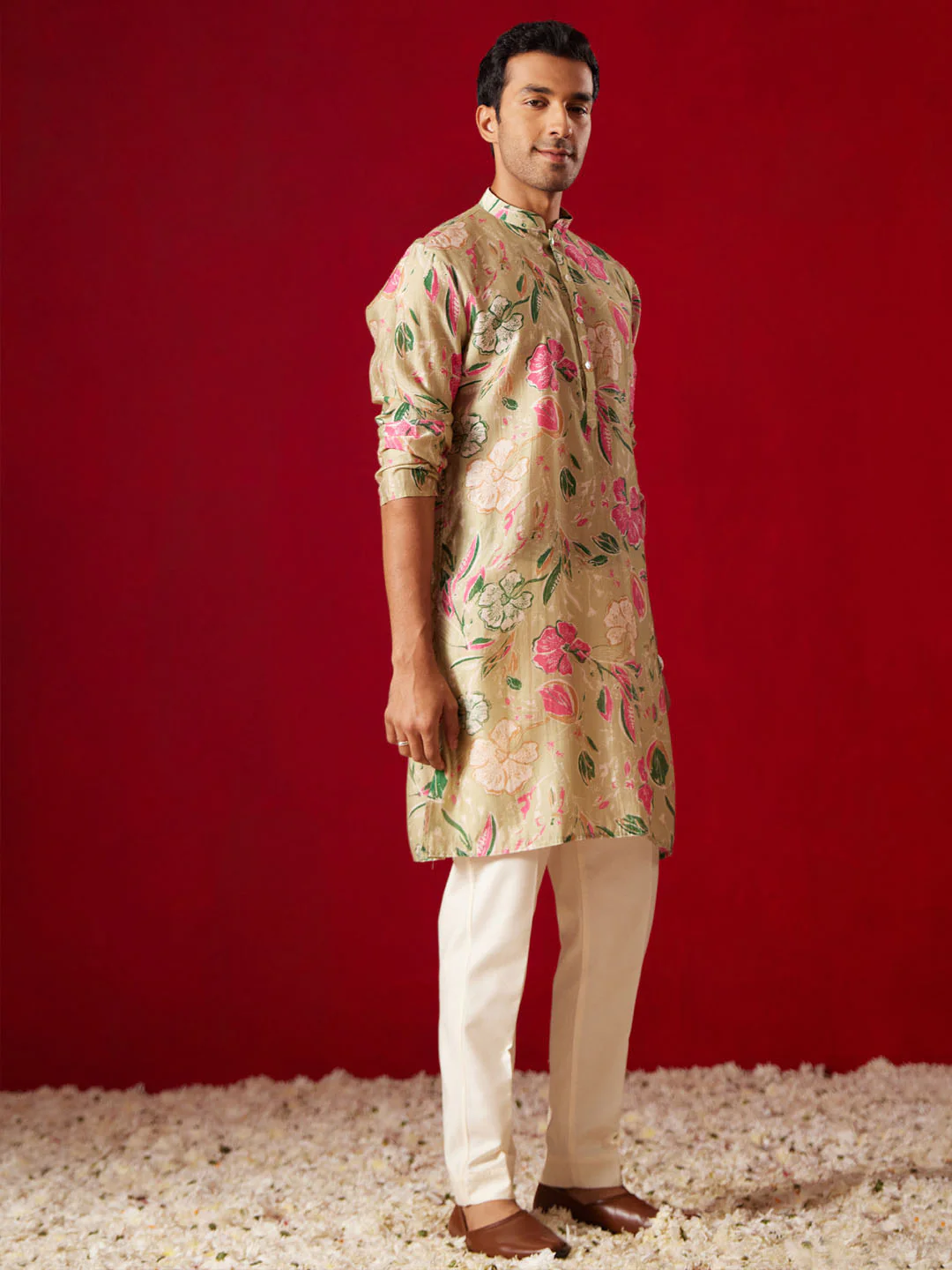 Men's Multicolor Base Beige Cotton Printed Kurta Pant Set - Image 9