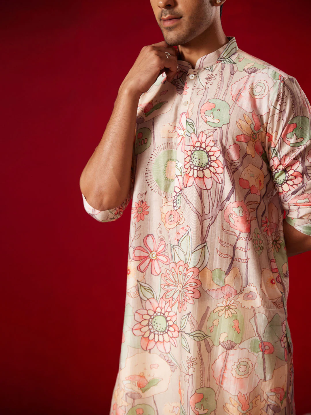 Men's Multicolor Base Peach Cotton Printed Kurta Pant Set - Image 5