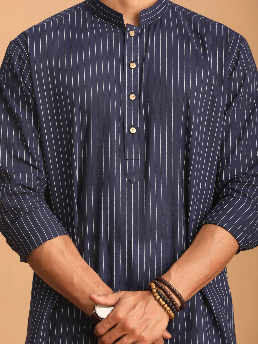 Men's Navy Blue Striped Cotton Short Kurta With White Pant Set - Image 4