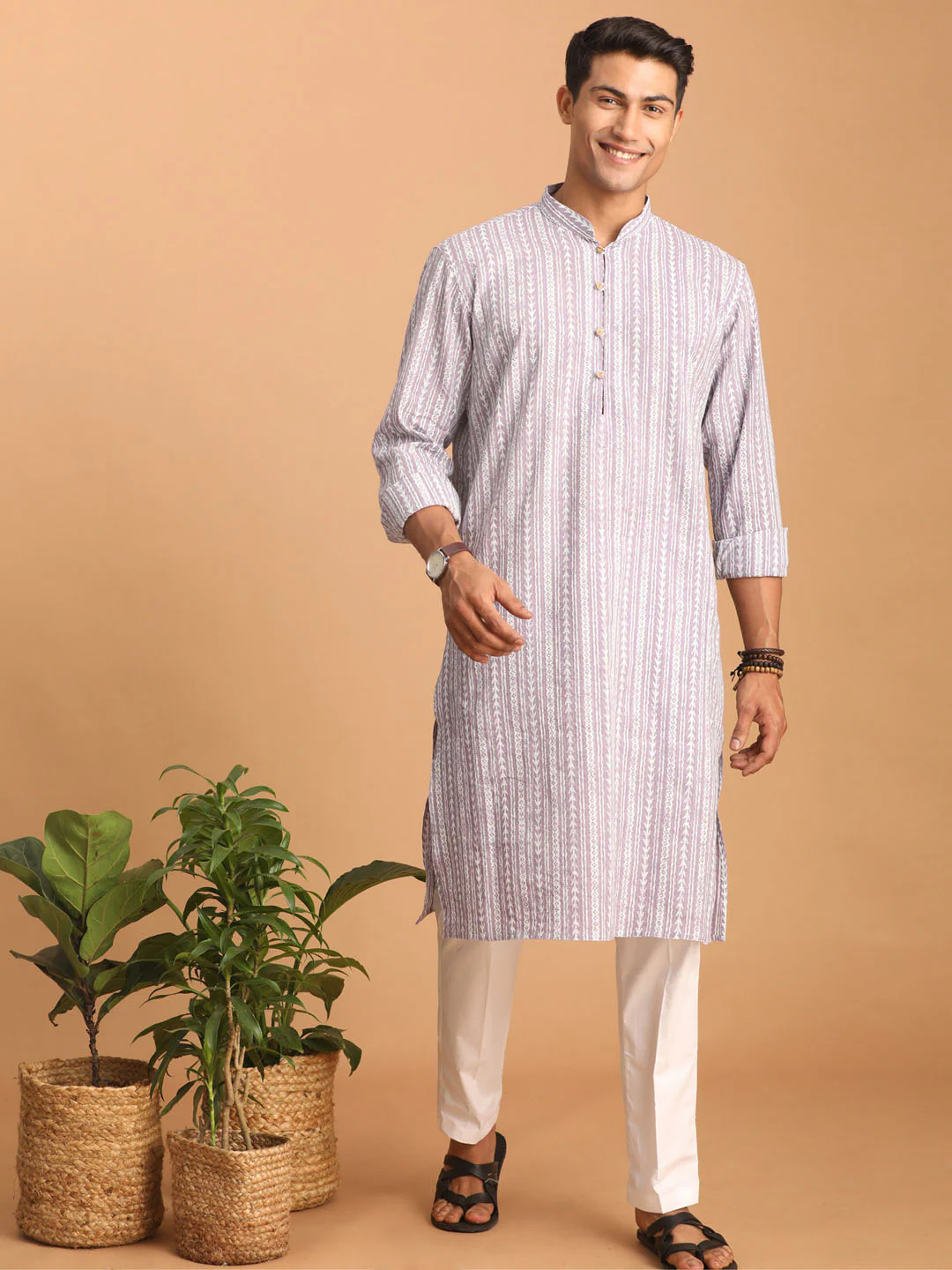 Men's Purple And White Batik Printed Kurta With White Pant Set - Image 9