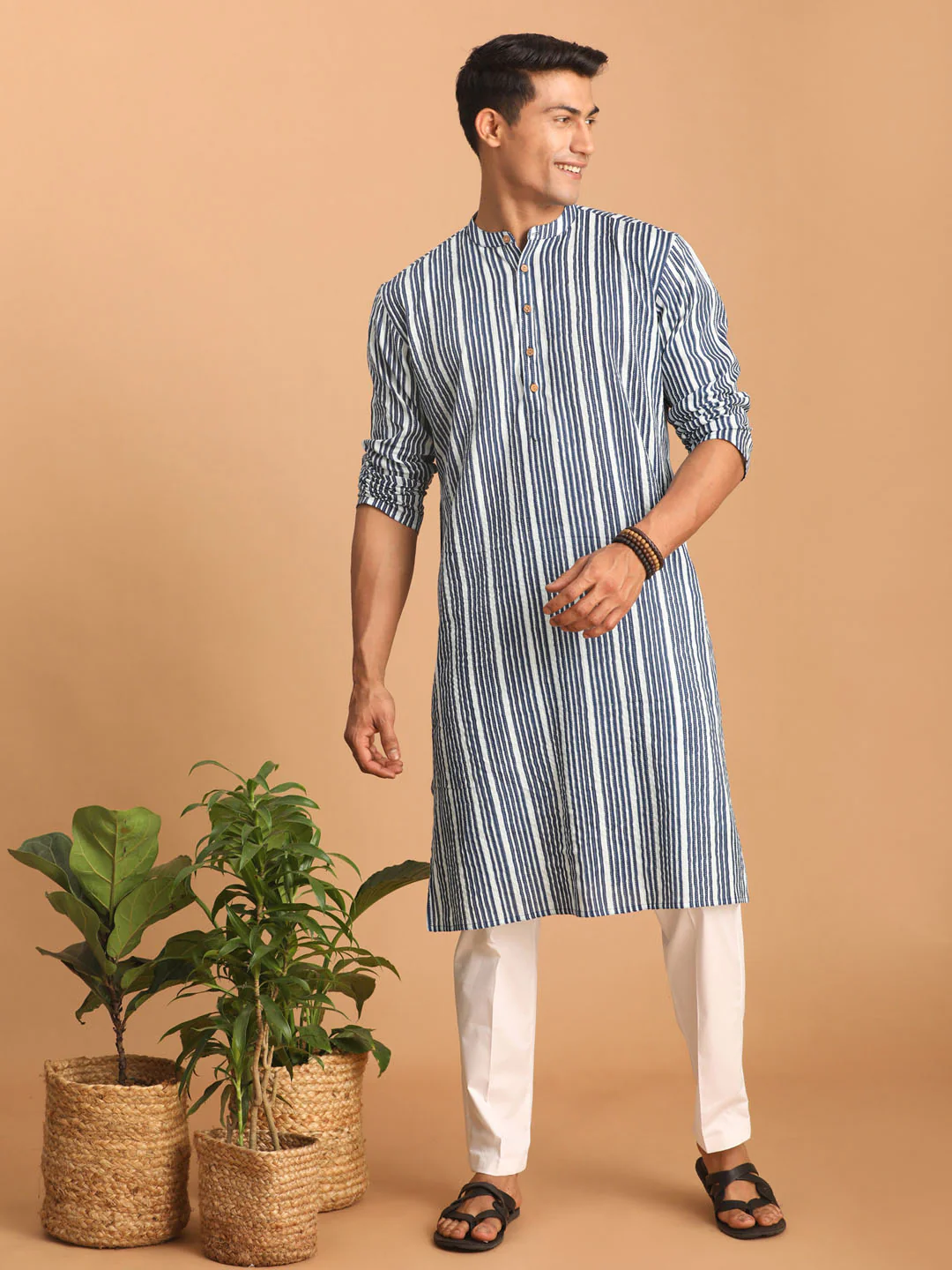 Men's White And Blue Striped Cotton Kurta With White Pant Set - Image 6