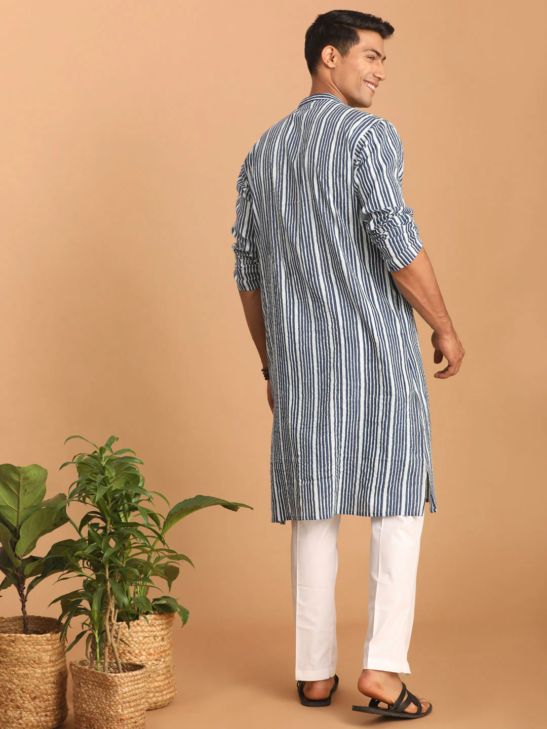 Men's White And Blue Striped Cotton Kurta With White Pant Set - Image 3