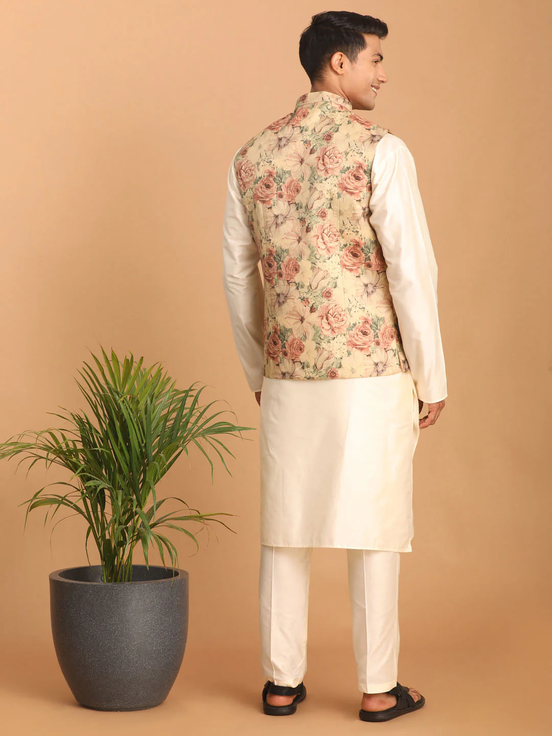 Beige Printed Nehru Jacket And Cream Solid Kurta With Pant Set - Image 3