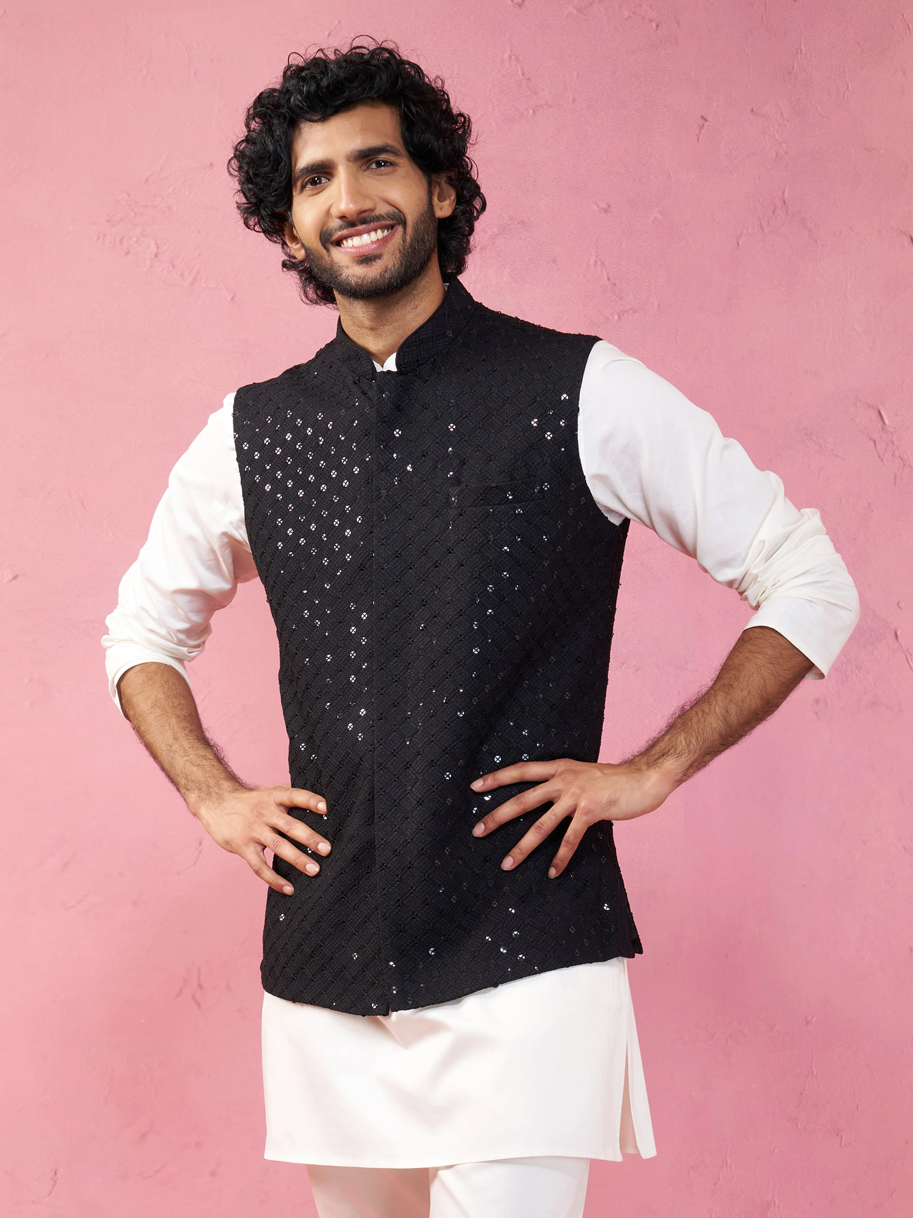 Black Rayon Sequined Nehru Jacket - Image 2