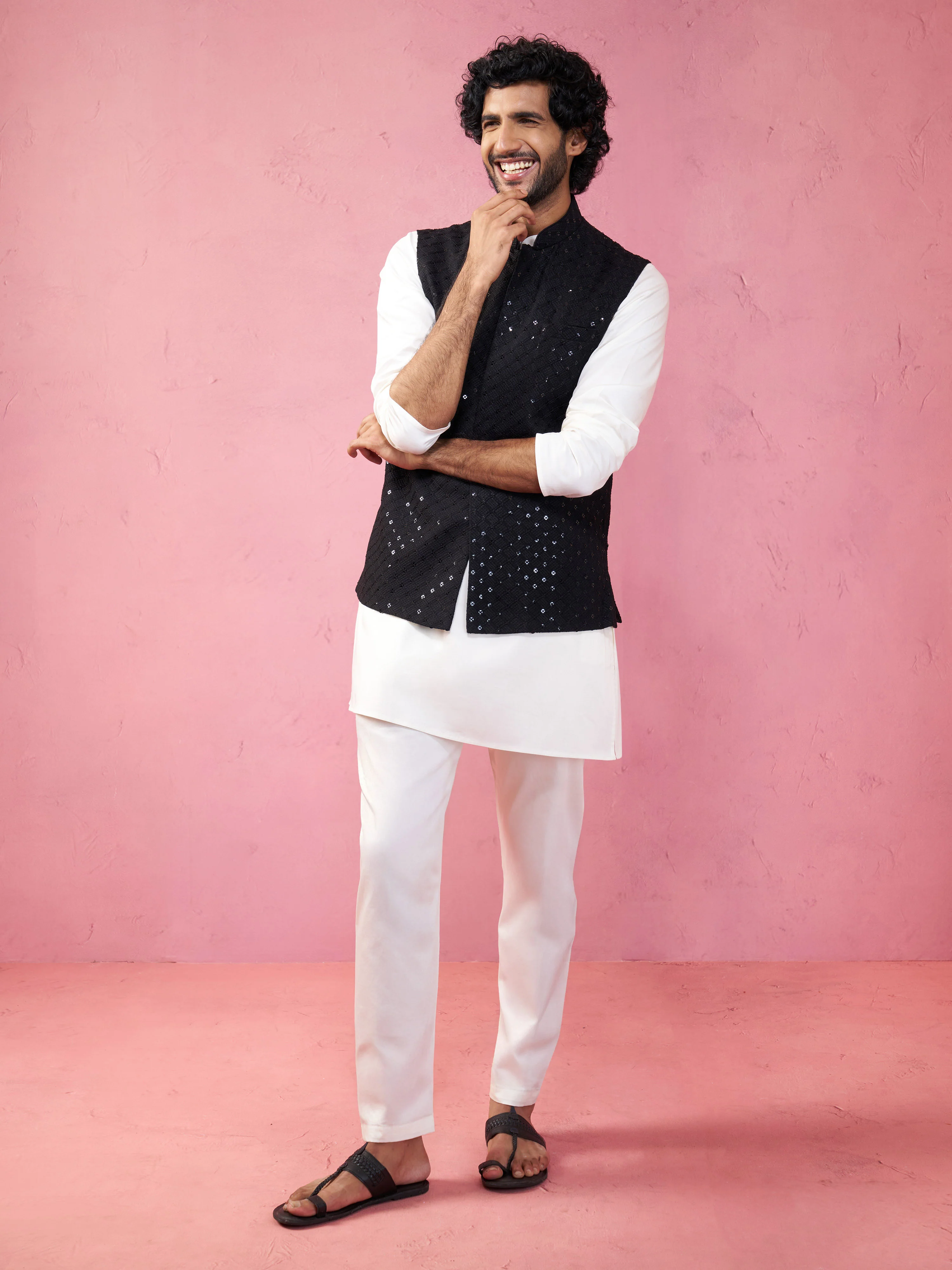 Black Rayon Sequined Nehru Jacket - Image 6