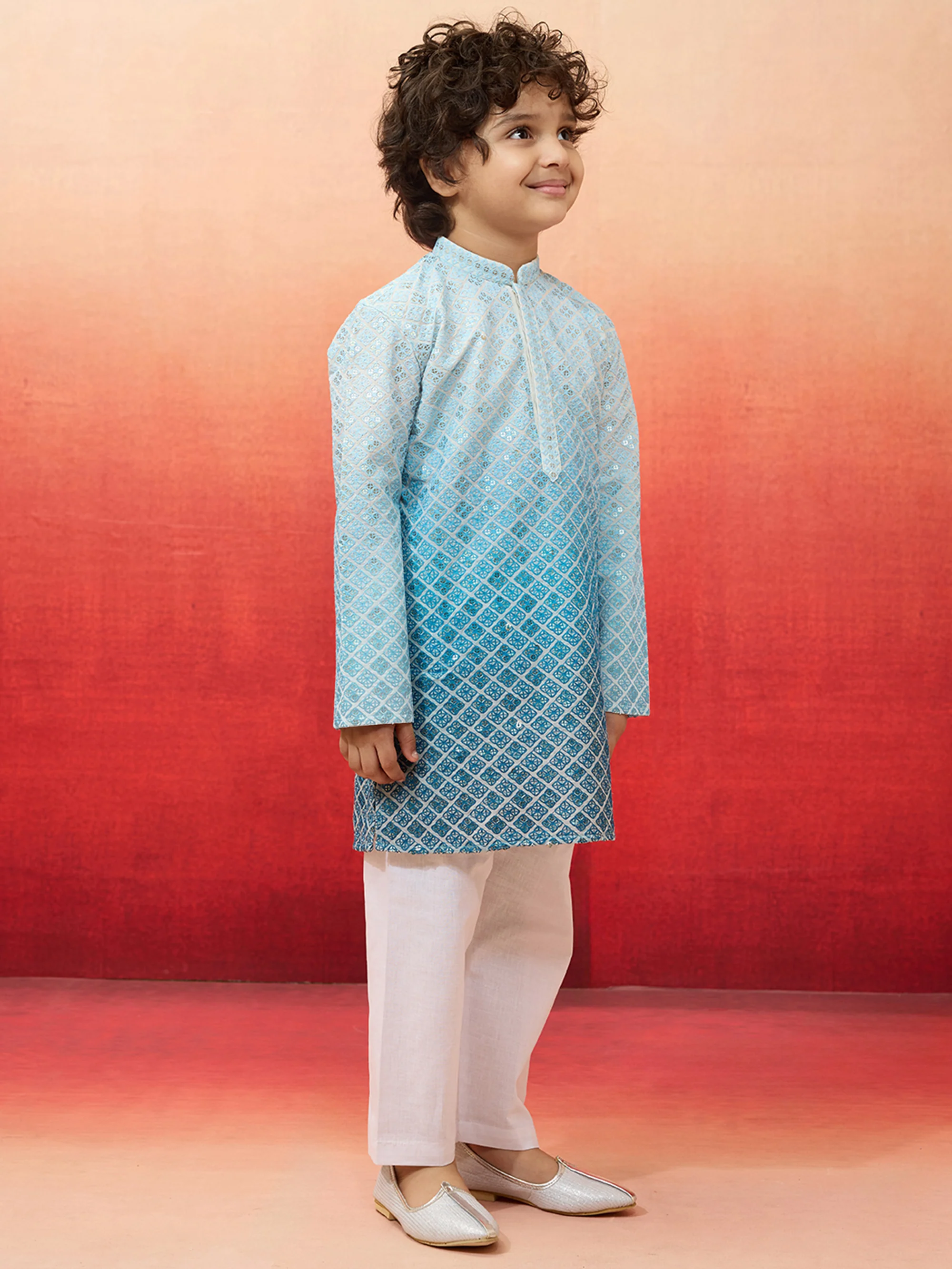 Boys Aqua Sequin Kurta Pajama Set - Image 5