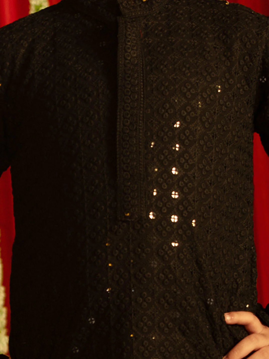 Boy's' Black And White Schiffli Kurta Pyjama Set - Image 4