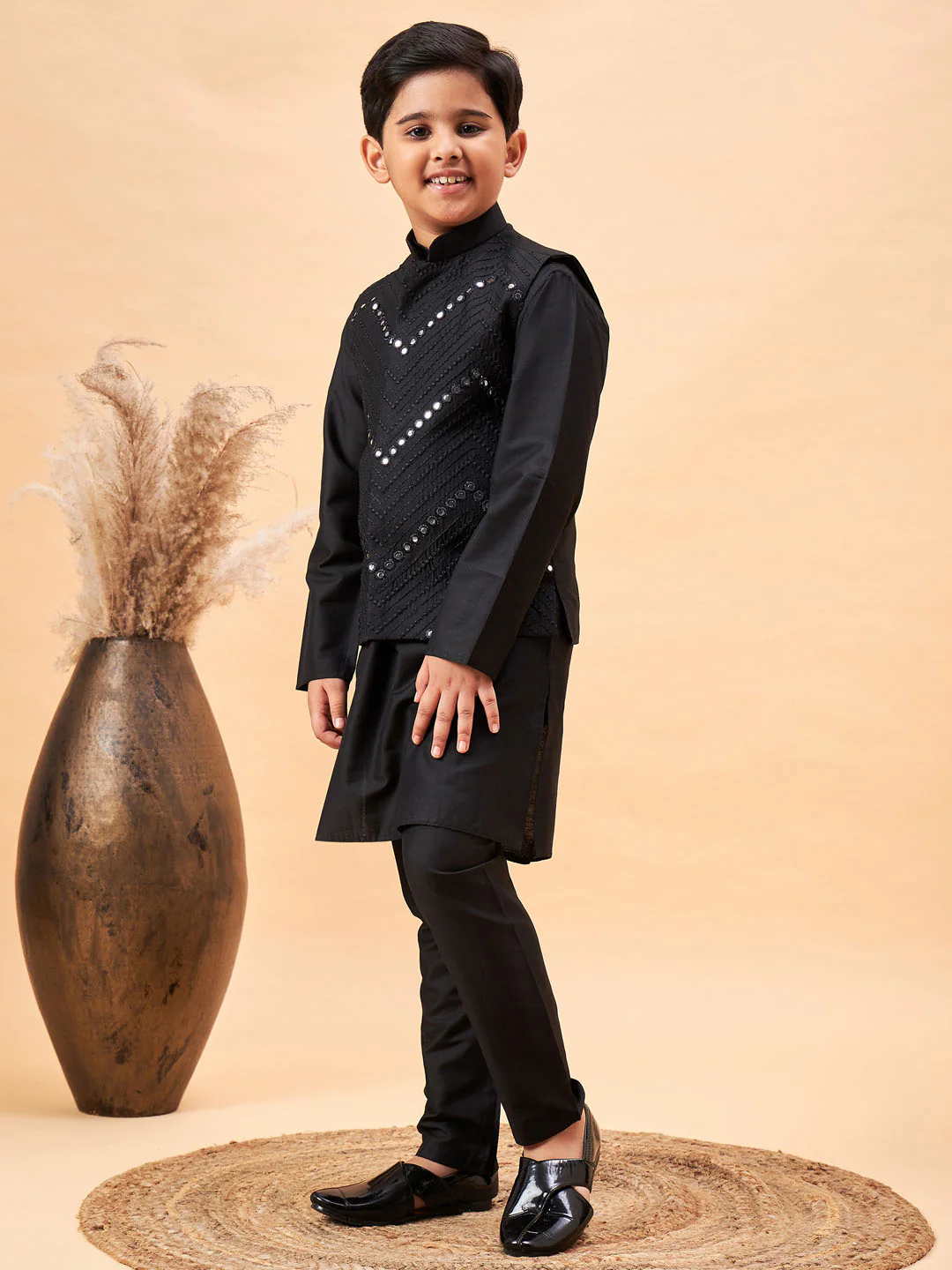 Boy's Black Mirror Work Jacket And Solid Kurta Pyjama Set - Image 2