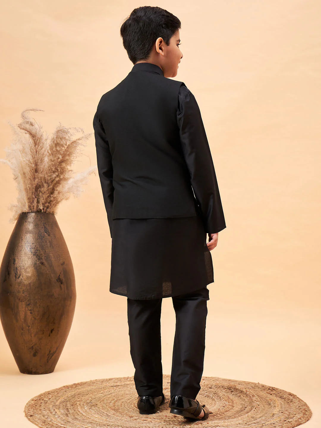 Boy's Black Mirror Work Jacket And Solid Kurta Pyjama Set - Image 3