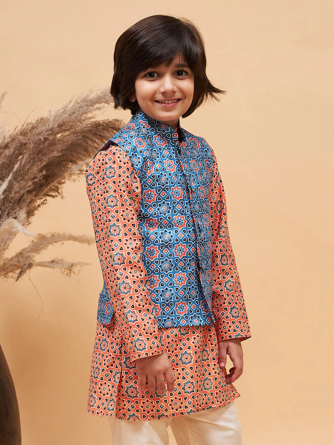 Boy's Blue Printed Nehru Jacket - Image 2
