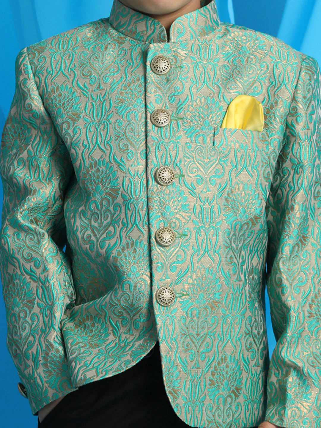 Boy's Green Woven Design Jodhpuri - Image 4