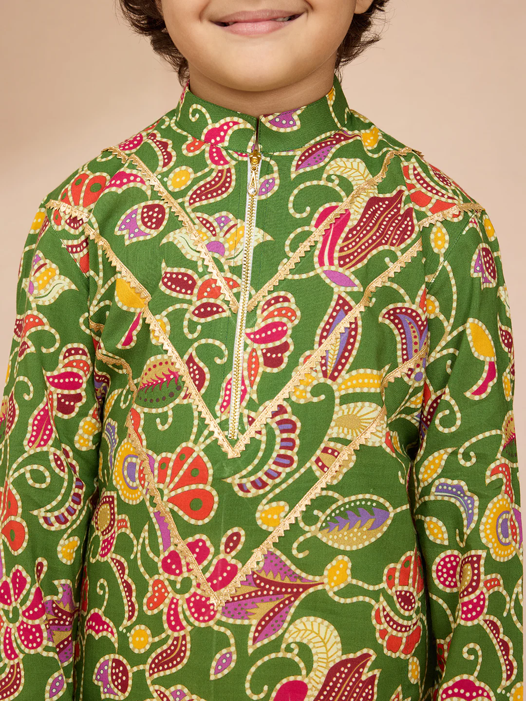 Boys Green Cotton Kurta Pajama Set - Image 2