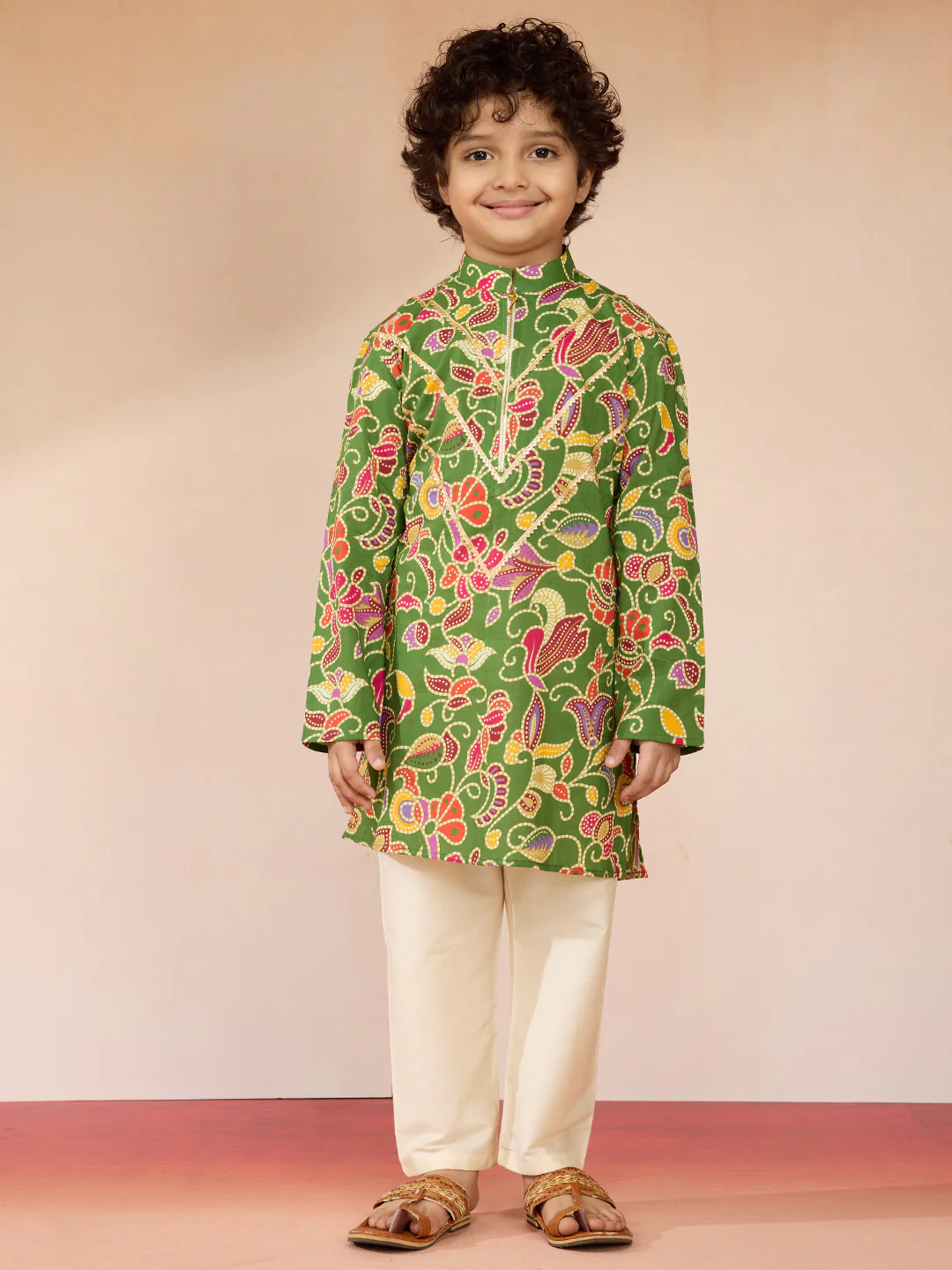 Boys Green Cotton Kurta Pajama Set - Image 3