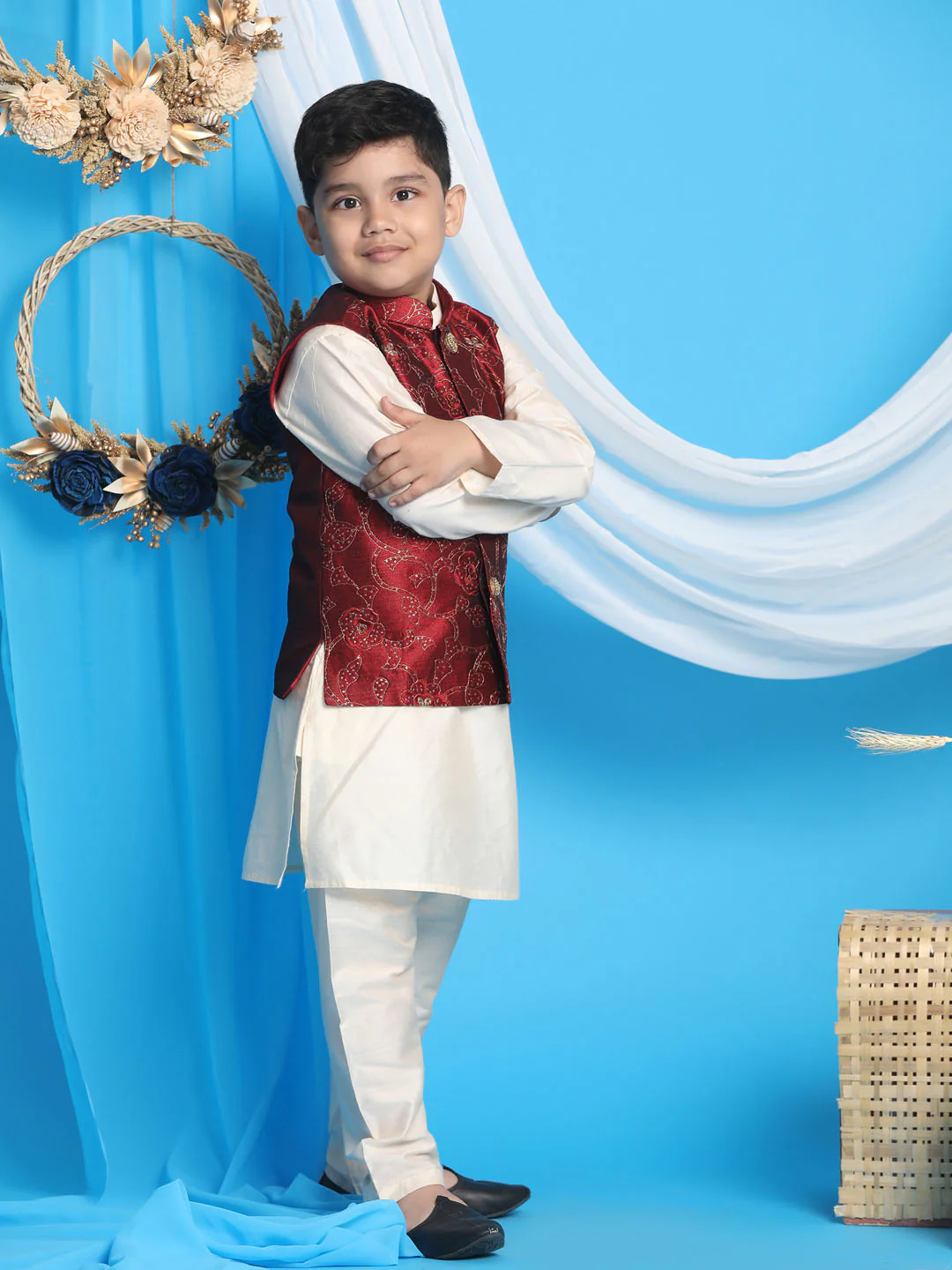 Boy's Maroon Nehru Jacket With Cream Kurta And Pyjama Set - Image 2