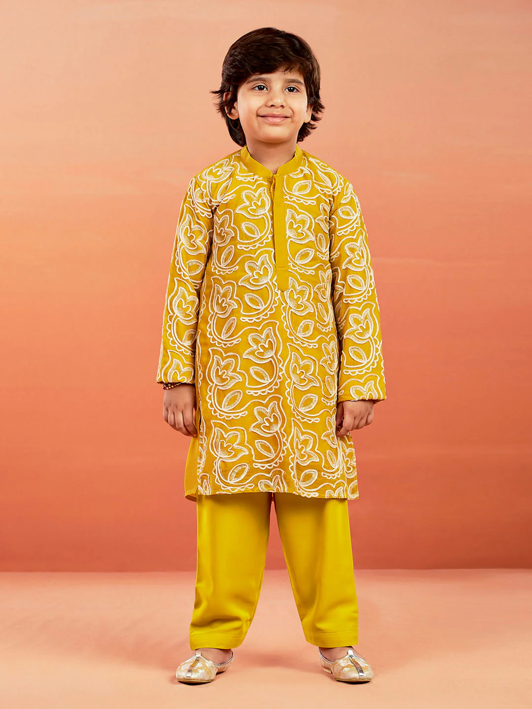 Boy's' Mustard Kurta And Pyjama Set - Image 3