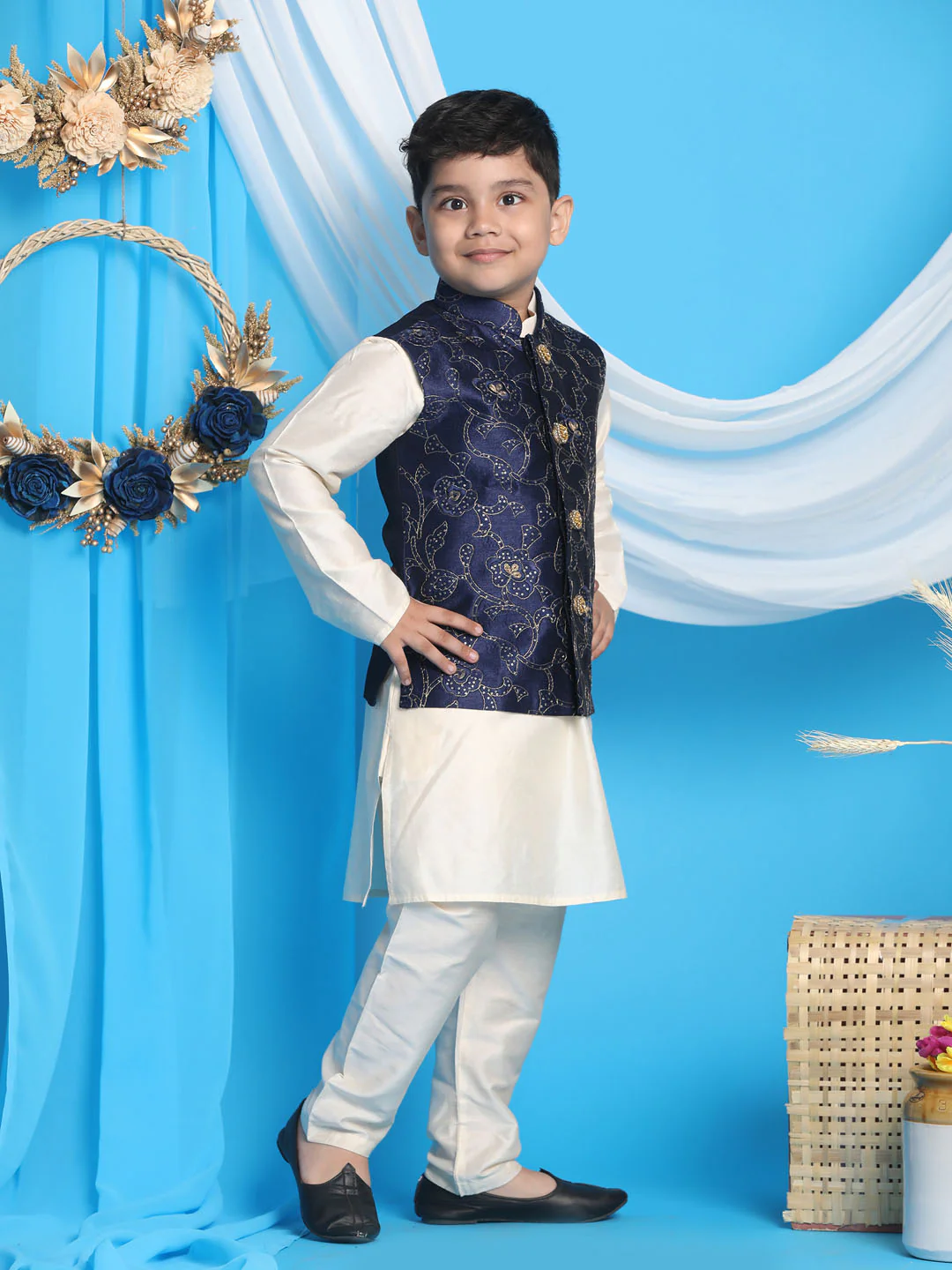 Boy's Navy Blue Nehru Jacket With Cream Kurta And Pyjama Set - Image 2