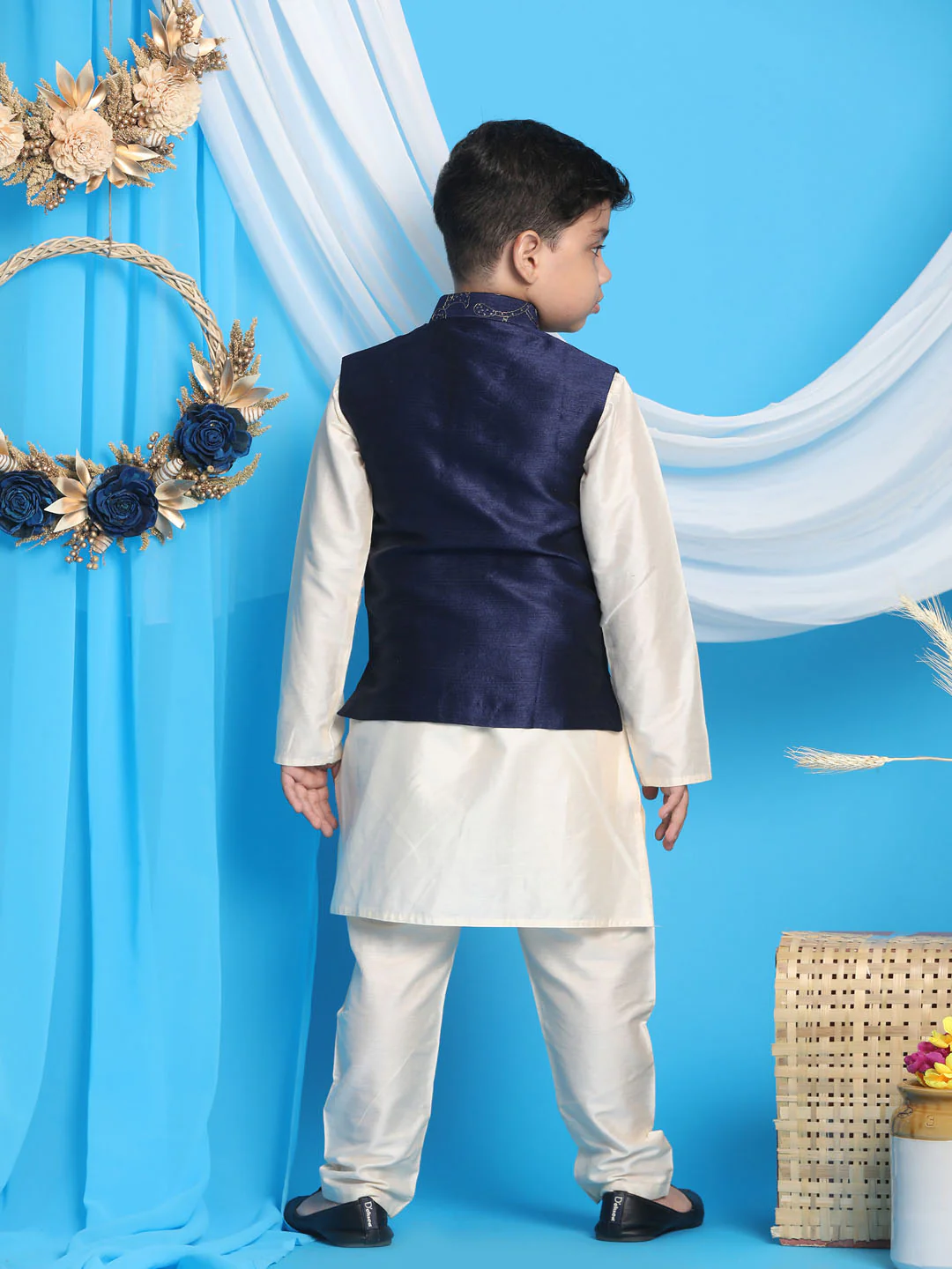 Boy's Navy Blue Nehru Jacket With Cream Kurta And Pyjama Set - Image 3