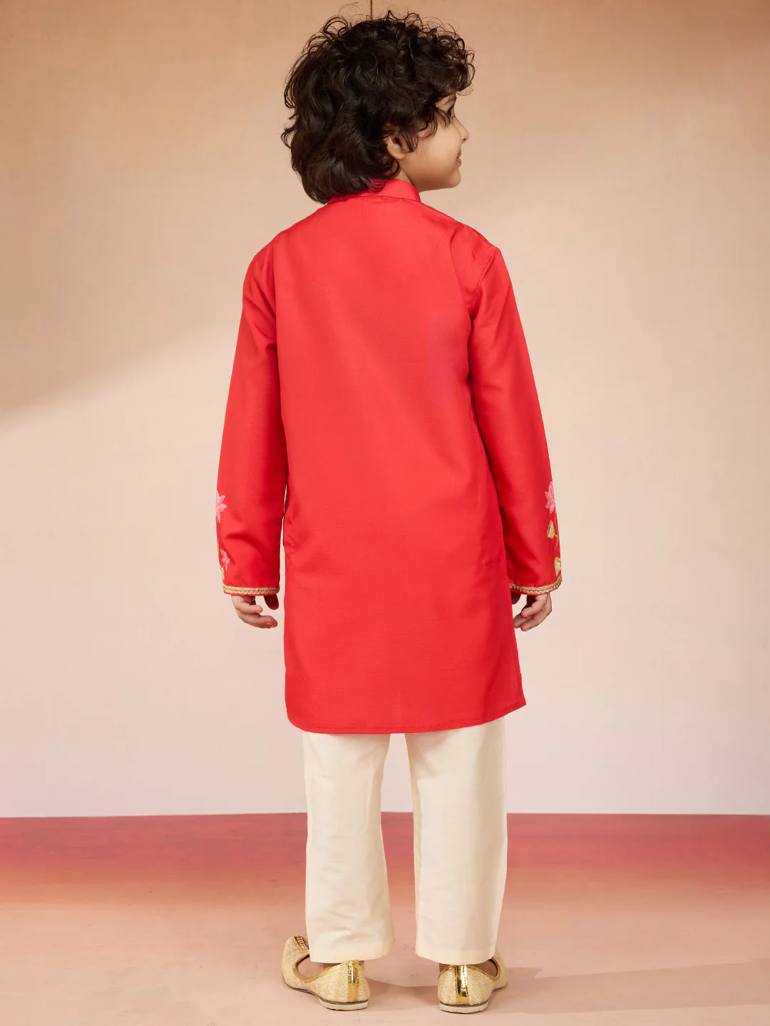 Boys Red Muslin Elephant Print Kurta with Cream Pyjama Set - Image 5