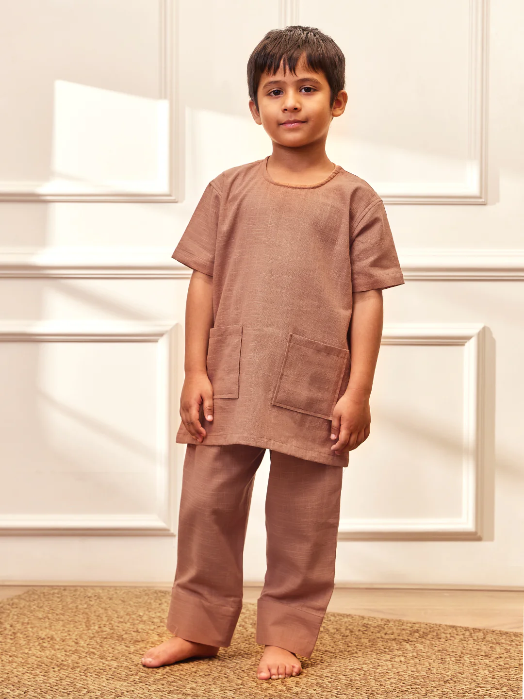 Boy's Rose Pink Solid Cotton Yoga Kurta Set With Trouser - Image 3