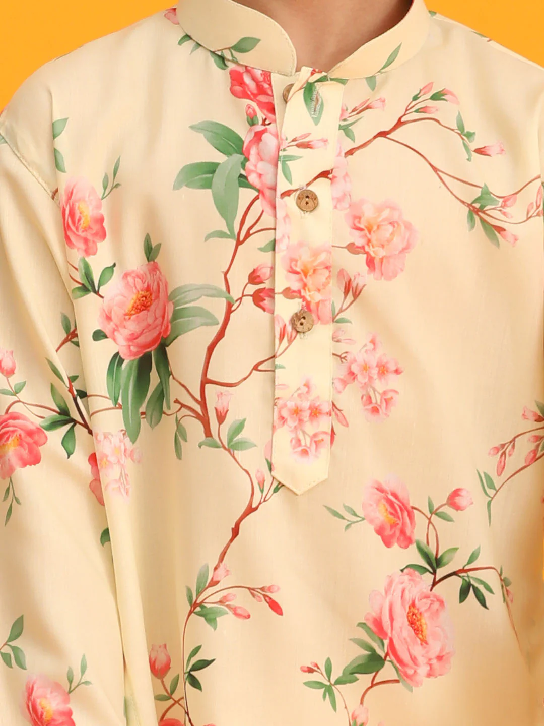 Boy's Yellow Floral Printed Kurta With Cream Solid Pyjama Set - Image 4