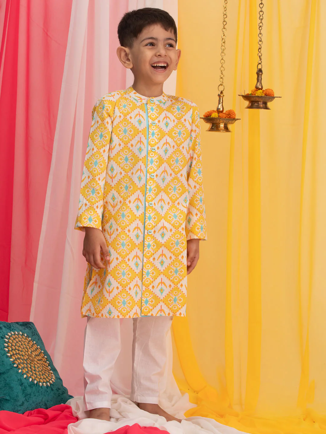 Boy's Yellow Ikkat Print Front Open Kurta With Pyjama Set - Image 2