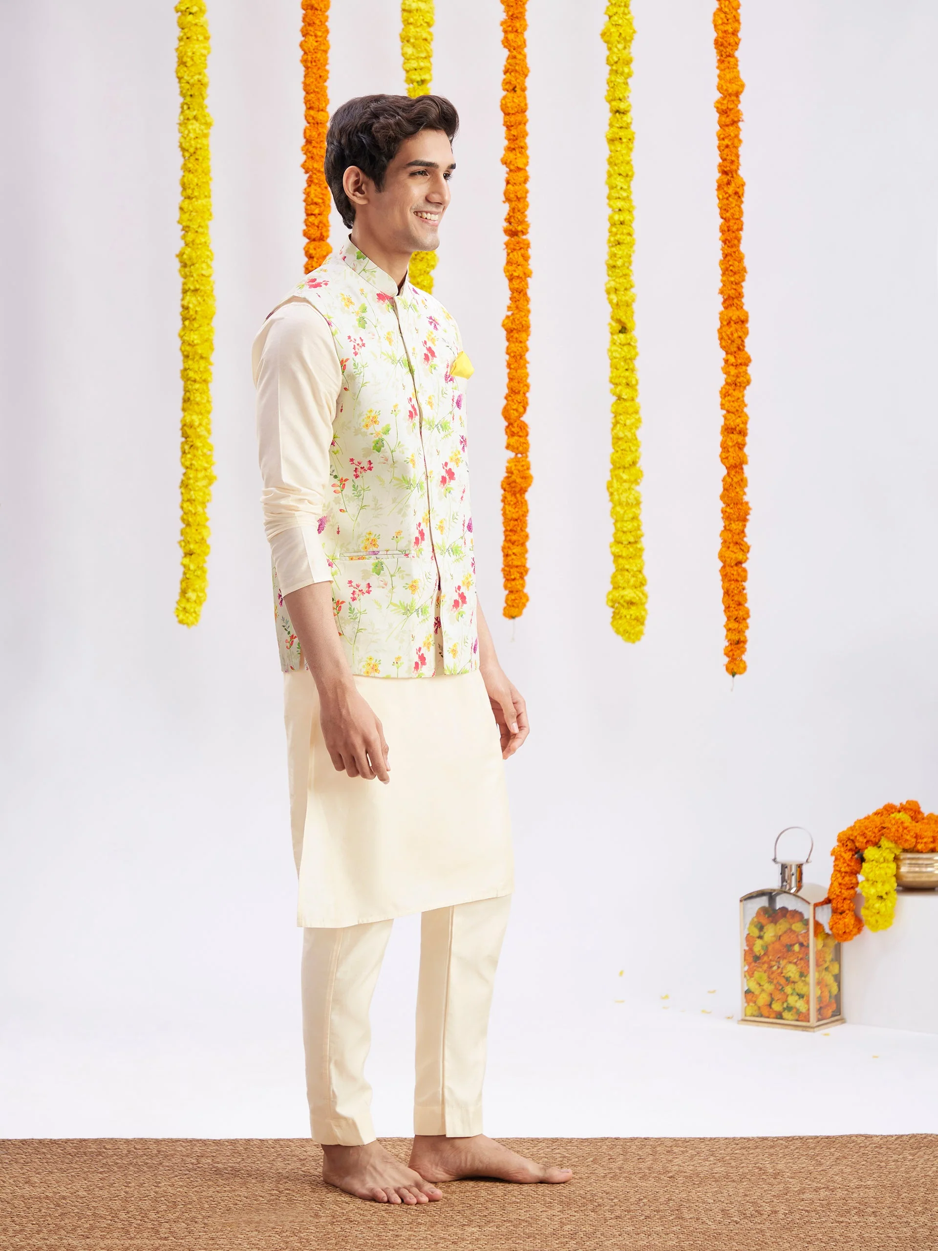 Cream Printed Nehru Jacket And Cream Solid Kurta With Pyjama Set - Image 2