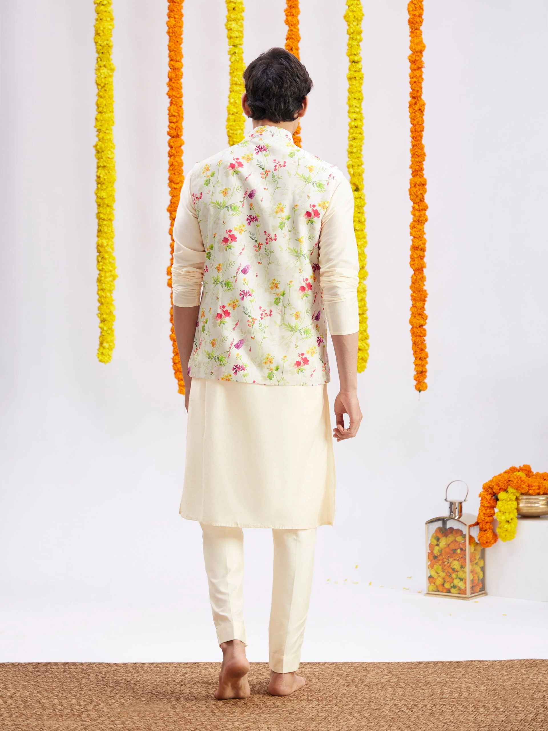 Cream Printed Nehru Jacket And Cream Solid Kurta With Pyjama Set - Image 3
